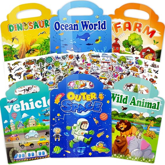 6-Pack Reusable Bubble Sticker Books for Aged 3+, 3D Puffy Bubble Stickers for Toddlers, Stickers Activity Pack Learning Toy Birthday Gifts for Boys & Girls