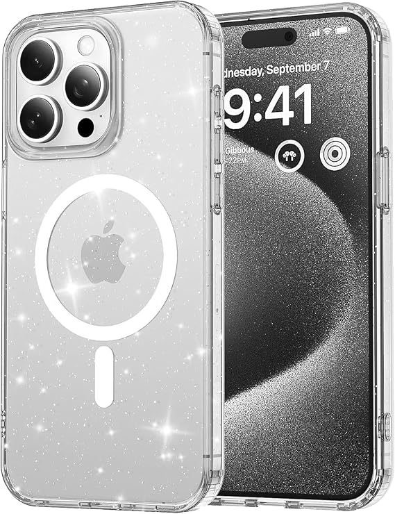 Minesk iPhone 16 için MagShine Serisi MagSafe ile Uyumlu Göz Alıcı ve Şık Simli Arka Tasarım Yüksek Kalite Materyal Premium Hybrid Kılıf Kapak (Şeffaf, 16)