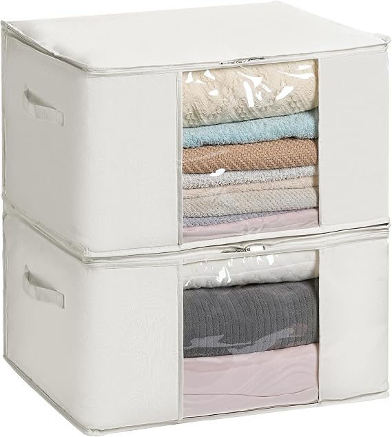 TYEERS Cotton Blended Fabric Storage Bags with Zipper and Transparent Window, Closet Organizer for Seasonal Clothes and Bedding, 60x40x35cm, Pack of 2, Beige