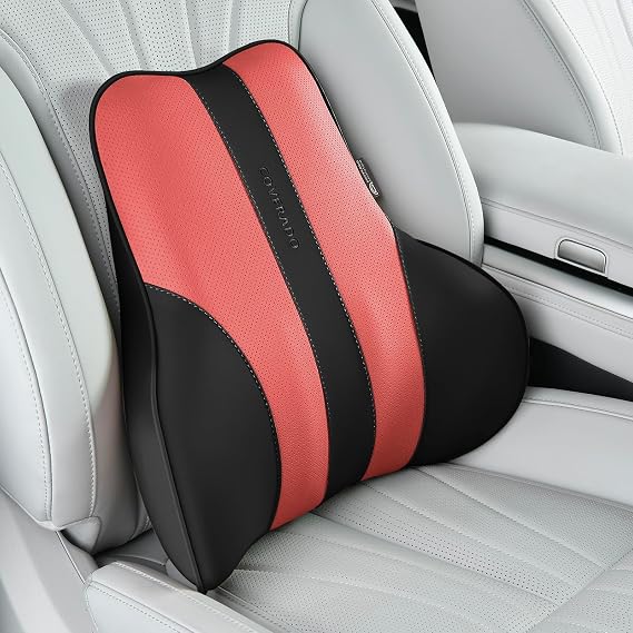 Coverado ランバーサポートピロー 車用 人間工学に基づいた低反発素材 オフィスチェア用バックピロー 背中の痛みを和らげるバッククッション 運転席用PUレザー 車のランバーサポート