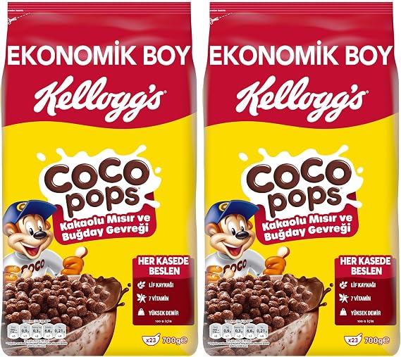 Kellogg's Coco Pops Çikolatalı Buğday ve Mısır Gevreği 700 gr, Lif, Demir ve 6 Vitamin Kaynağı,%100 Pancar Şekeri, D vitamini, Kalsiyum, Folik Asit ve Demir İçerir 2li paket