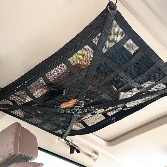 Car Ceiling Cargo Net, Adjustable Interior Roof Storage Net, Universal Large Capacity Double-Layer Mesh Roof Cargo Pocket Organiser with Zipper for SUV Van Campervan 35.4"x25.5"