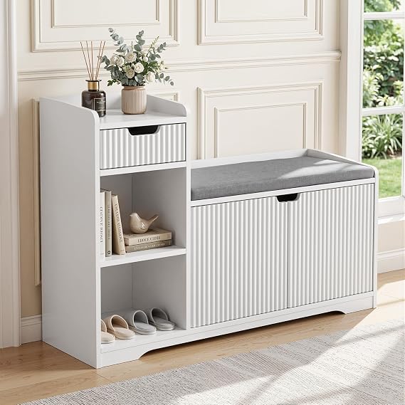 Shoe Storage Bench with Cushion, White Shoe Bench with 3 Space and 1 Drawer