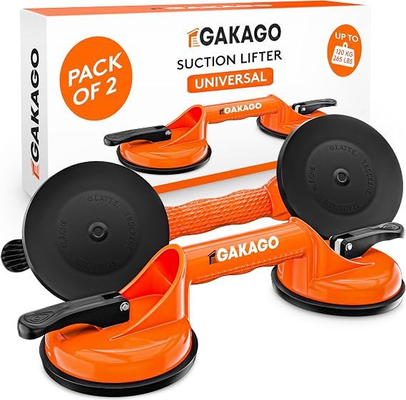 Gakago Suction Lifter (Pack of 2) - Ergonomic & Non-Slip Suction Grips - 120kg Load-Bearing Vacuum Lifter for Transporting Tiles, Laminate, panes and as a Glass Lifter, Glass Suction Cup