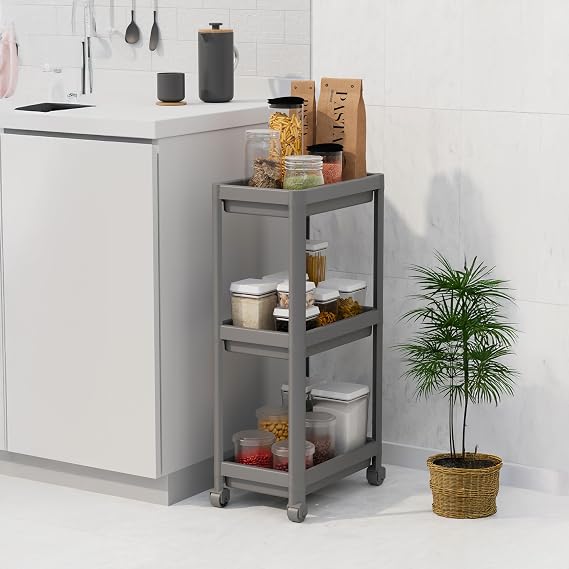 Deconox Peggy 3 Katlı Tekerlekli Raf Ünitesi - 36x71x23 cm Dar Alan Düzenleyici - Mutfak ve Banyo İçin Aletsiz Kurulum Servis Arabası (Beyaz - Siyah - Gri) (GRİ)