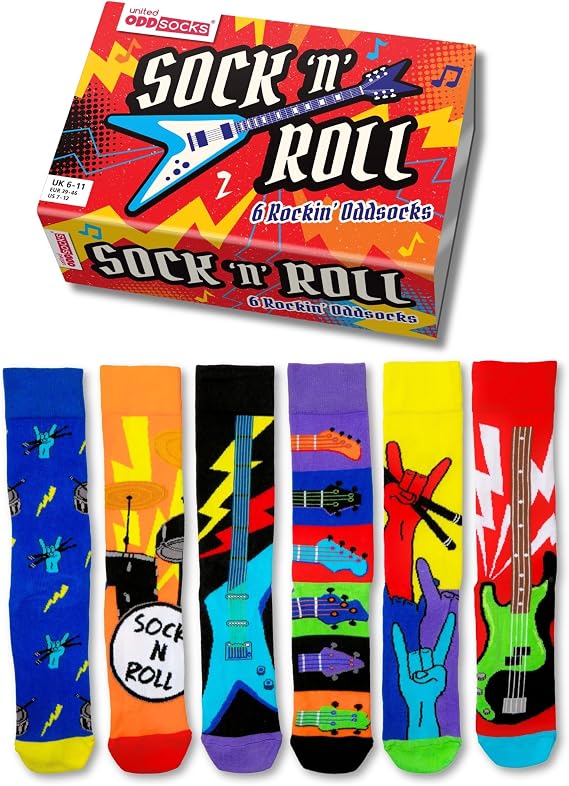 United Oddsocks - Çorap n Roll - 6'lı Kutu Renkli Karışık ve Eşleştir Rock and Roll Çorapları Erkekler için, UK 6-11 | EUR 39-46 | US 7-12. Eğlenceli ve İlginç Doğum Günü, Noel, Erkekler için Babalar 6-11