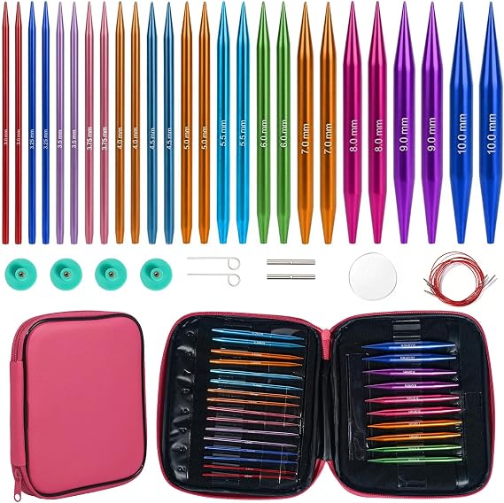 13 Pairs Interchangeable Circular Knitting Needles Set, Includes 4 Connecting Cables, 2 Positioning Buttons and Other Knitting Accessories with Storage Case, Knitting Needles Set for Socks or Sleeves
