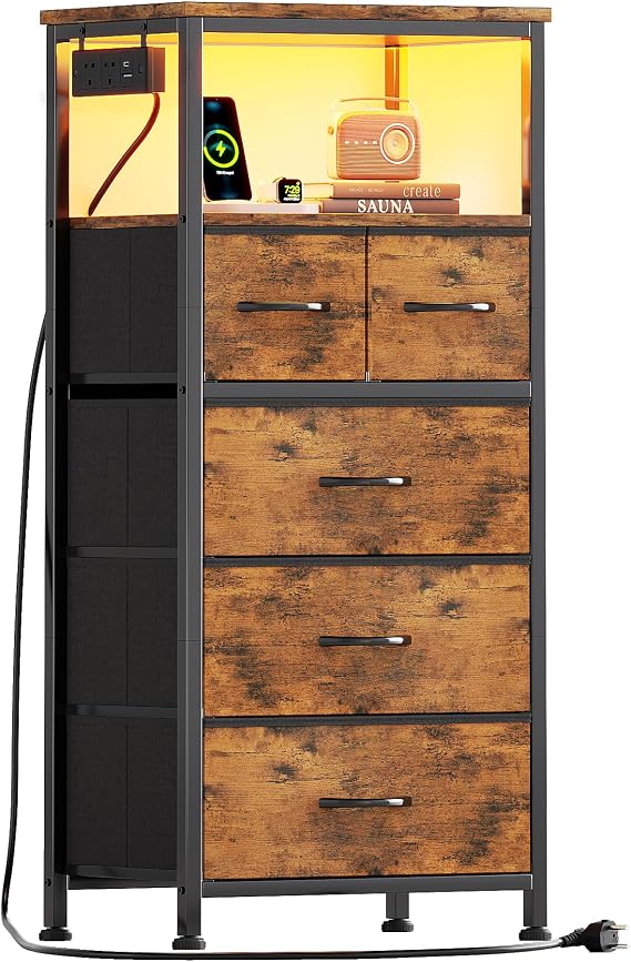 Bedside Table with LED Light and Charging Station, Night Stand with 5 Fabric Drawers and Shelf, End Table with Plug for Bedroom, Living Room, Brown