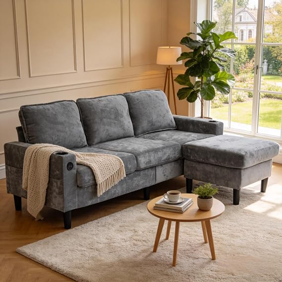 Su & Chan Legence L Shaped Corner Sofa, 3 Seater Sectional Sofa with USB Charging Ports, 2 Side Pockets and 2 Cup Holders, for Apartment, Living Room, Grey