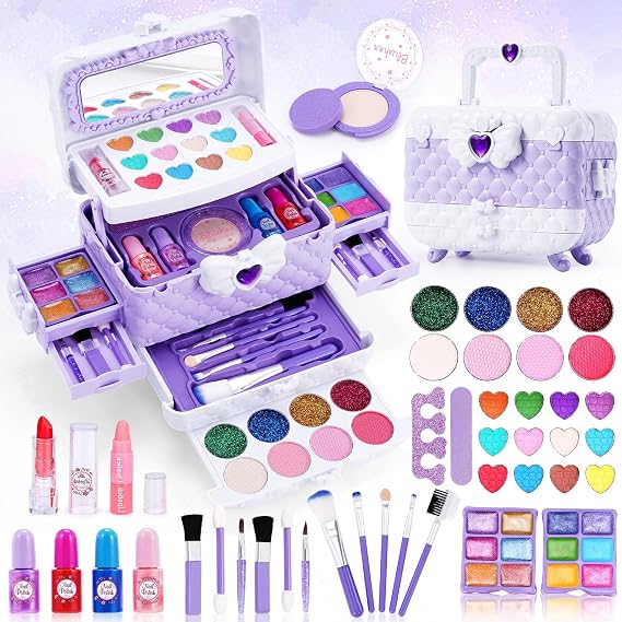 Chennyfun 53 Pack Kids Makeup Sets for Girls,Real Washable | Make Up Set Toy for Little Age 3 4 5 6 7 8 9 10 Years with Light Purple Butterfly Drawer Box,Christmas,Birthday,Play Game