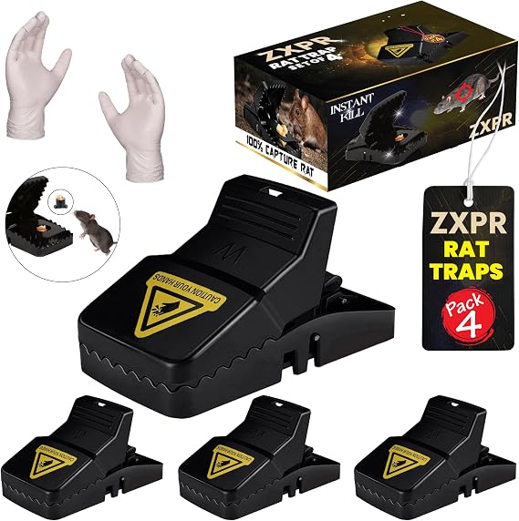Rat Traps - 4 x Large Heavy Duty Humane Mouse Traps That Kill Instantly for Indoors, Outdoor, Gardens -14 cm Reusable Rodent Solution with 1 Pair of Bonus Gloves
