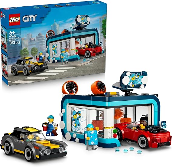 LEGO City Drive-Through Car Wash Toy - incl. 2 Model Cars, Washing Function & 4 Minifigures w/Accessories - Birthday Gift Idea for 6+ Year Old Boys - 60497