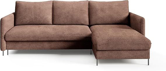 Belis Corner Sofa with Sleep Function L-shaped Lying Surface: 201 x 150 cm Boucle Velour Fabric 3-Seater Corner Sofa with Sleep Function and Bed Box (Source 26 - Brown)