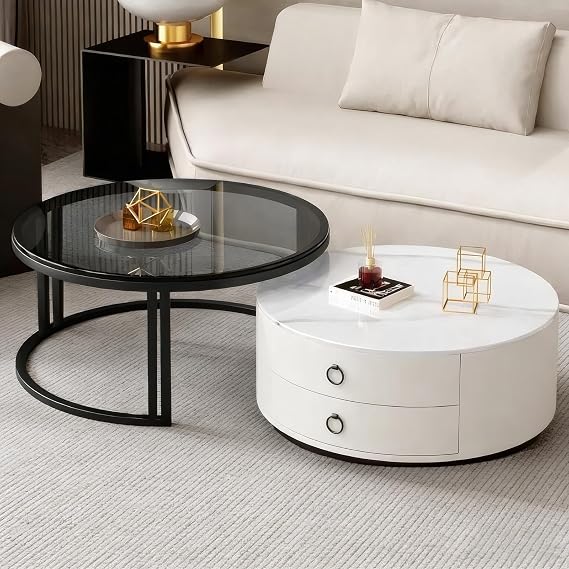 Small Round Nesting Coffee Table Set of 2, Modern Side Table with Storage Drawer, Sintered Stone and Tempered Glass Top, Centre Table for Living Room Apartment Hotel Office