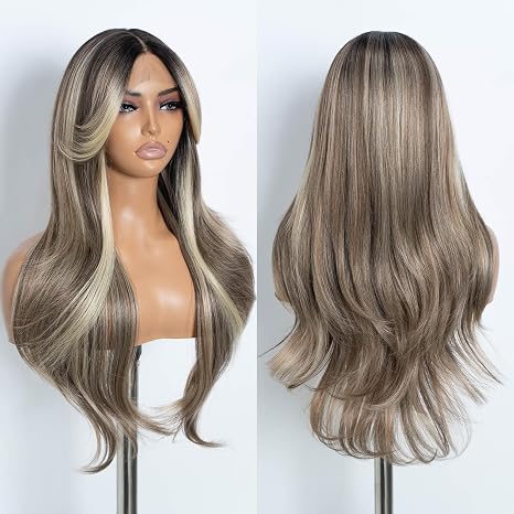 Style Icon Curtain Bangs Wig Synthetic Lace Front Wig Highlight Brown T Part Lace Long Layered Wave Wigs for Women 26 Inches (NTSA4/10/23B/613C)