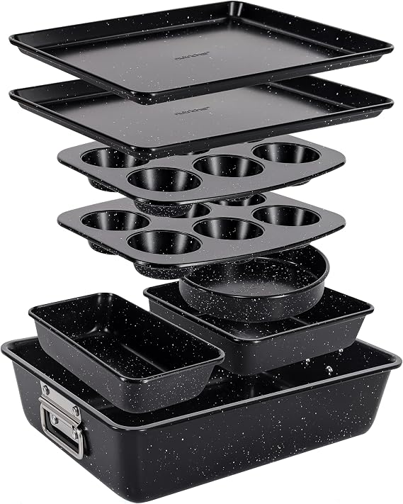 NutriChef 8-Piece Stackable Non-Stick Bakeware Set, Deep Black Marble