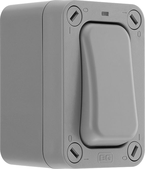 BG Electrical Outdoor Slim Single Wall Switch with LED Indicator, Weatherproof, Grey, Nexus Storm, 2-Way, 20A, IP66 Rated, WP12S