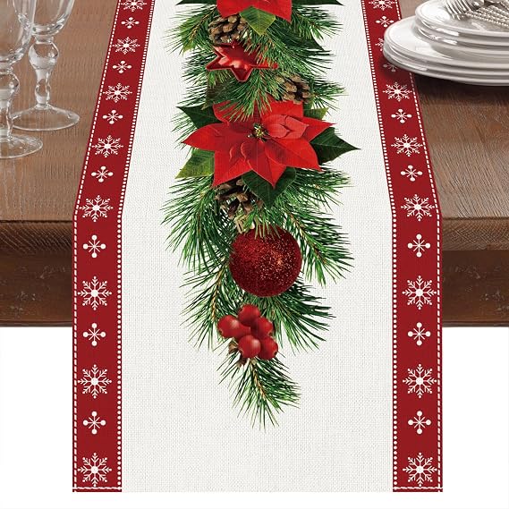 Christmas Table Runner 230 x 33 CM, Red Linen Christmas Table Runners with Red Flower Christmas Tree Bells Print, Dinner Table Christmas Decorations for Xmas Table Centrepiece Christmas Decorations