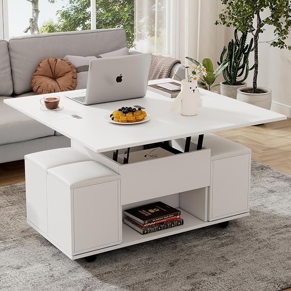 ModernLuxe Lift-Up Coffee Table with Storage, Adjustable Height Coffee Table for Living Room, 100x50x48 cm Modern Sofa End Tea Table with Hydraulic Mechanism, White