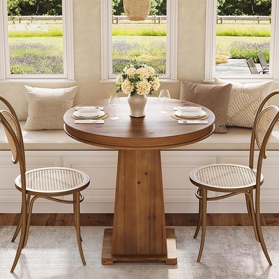 Solid Wood Round Dining Table, 80 cm Small Kitchen Table, Modern Farmhouse Dinner Table for Dining Room, Kitchen, Living Room, Artistic Geometric Base, Rustic Brown