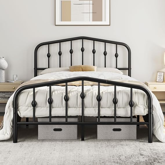 Yaheetech 4ft6 Double Bed Frames Metal slatted Bed Base with Crown-inspired Design Headboard/Spacious Under-bed Storage Black
