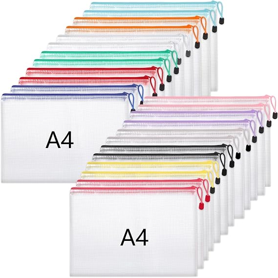 A4 Plastic Wallets, 24 Pack Zip Lock Bags Mesh Document Wallet