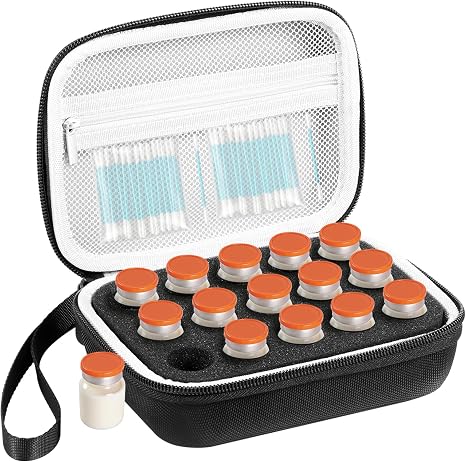Peptide Box Insulin Bottle Holder with Mesh Pockets and Carry Handle Vial Peptide Storage Box Fridge Holder for Standard Bottles of 3-10ml (15 Compartments Black)