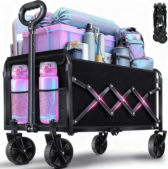 Foldable Utility Cart with Wheels, 360lbs Heavy Duty Outdoor Folding Cart with Adjustable Handle, 2 Drink Holder, Portable Shopping Trolley for Grocery Garden Beach Camping Shopping