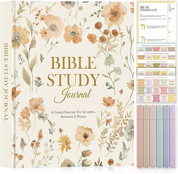 Lanpn Bible Study Journals for Women with Tabs & Highlighters, Daily Devotional Journaling Church Notes Taking, Leather Bible Prayer Guide Notebook Christian Religious Faith Based Gifts