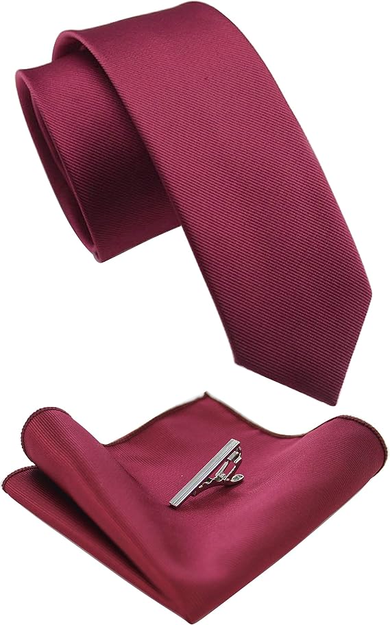 RBOCOTT 2.4" Solid Color Skinny Tie and Pocket Square with Tie Clip Sets for Men(6cm)