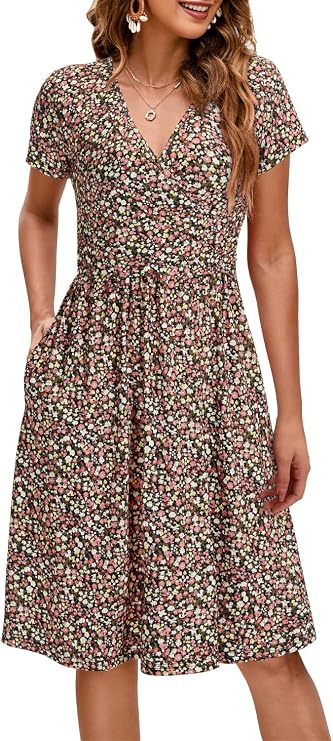 OUGES 2026 Summer Maternity Dresses Womens Nursing Dress for Breastfeeding Casual V-Neck Midi Sundress with Pockets