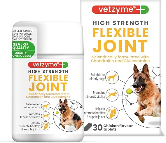 Vetzyme High Strength Flexible Joint Supplements for Senior Dogs (30 Tablets) - Hip and Joint Care with Chondroitin and Glucosamine, Tasty Chicken Flavour