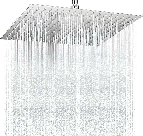 Square Rainfall Shower Head, 16 Inch Extra Large Overhead Fixed Rain Showerhead for Full Body Coverage, High Pressure Stainless Steel with Adjustable Swivel Ball Joint G1/2" Universal Fitting (Silver)