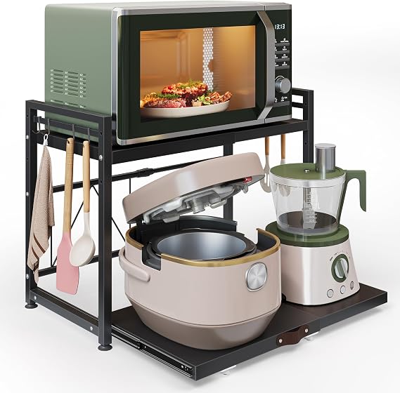 NETEL 2 Tier Expandable Microwave Pull Out Shelf, Microwave Shelf Stand