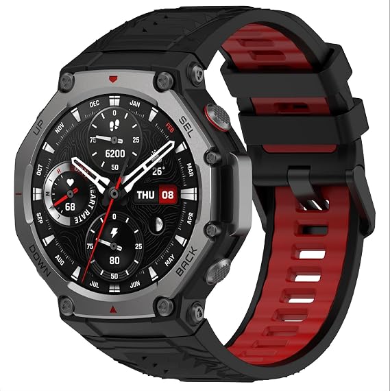 GIOPUEY Strap Compatible with Amazfit T-Rex 3, Soft TPU Watch Strap, Strap Replacement [color stitching design] - black/red