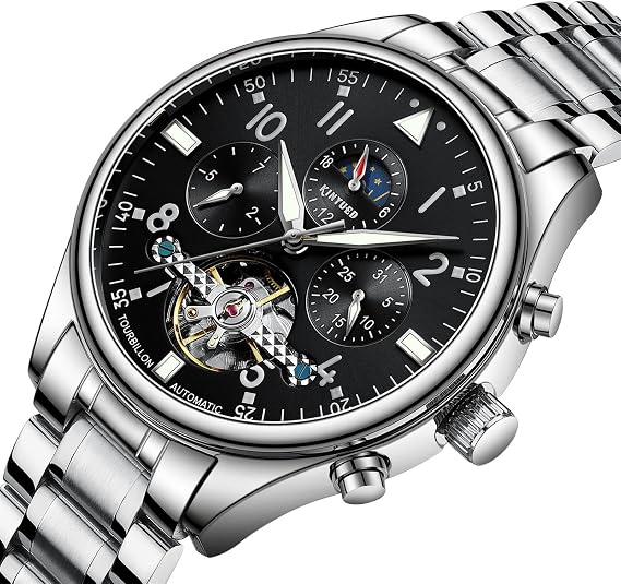 Men Watch Tourbillon Automatic Self Wind Watch Mechanical Classic Hollow Waterproof Luminous Stainless Steel Band Wrist Watch