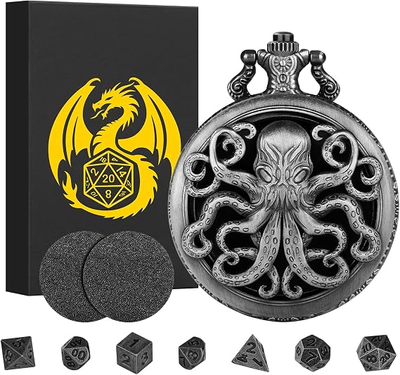 Mini DND Dice Set, Steampunk Hollow Octopus Pocket Watch Case, 7-Piece Polyhedral Metal, D&D Dice Set, DND Gifts with Gift Box, Role Playing Board Game Accessories, Dark Silver