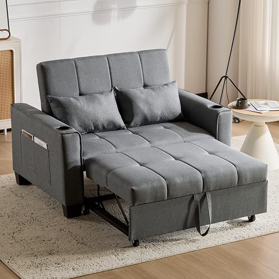 ModernLuxe Pull Out Sofa Bed, Convertible 2 Seater Sofa Chair with Cup Holders and Side Pockets, Adjustable Backrest, Fabric Love Seat Couch Chaise Lounge for Living Room, Apartment, Grey