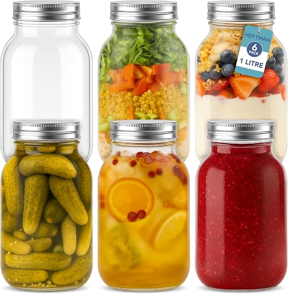 HEFTMAN Glass Mason Jars with Lids 1L - Set of 6 Large Air Tight Jars