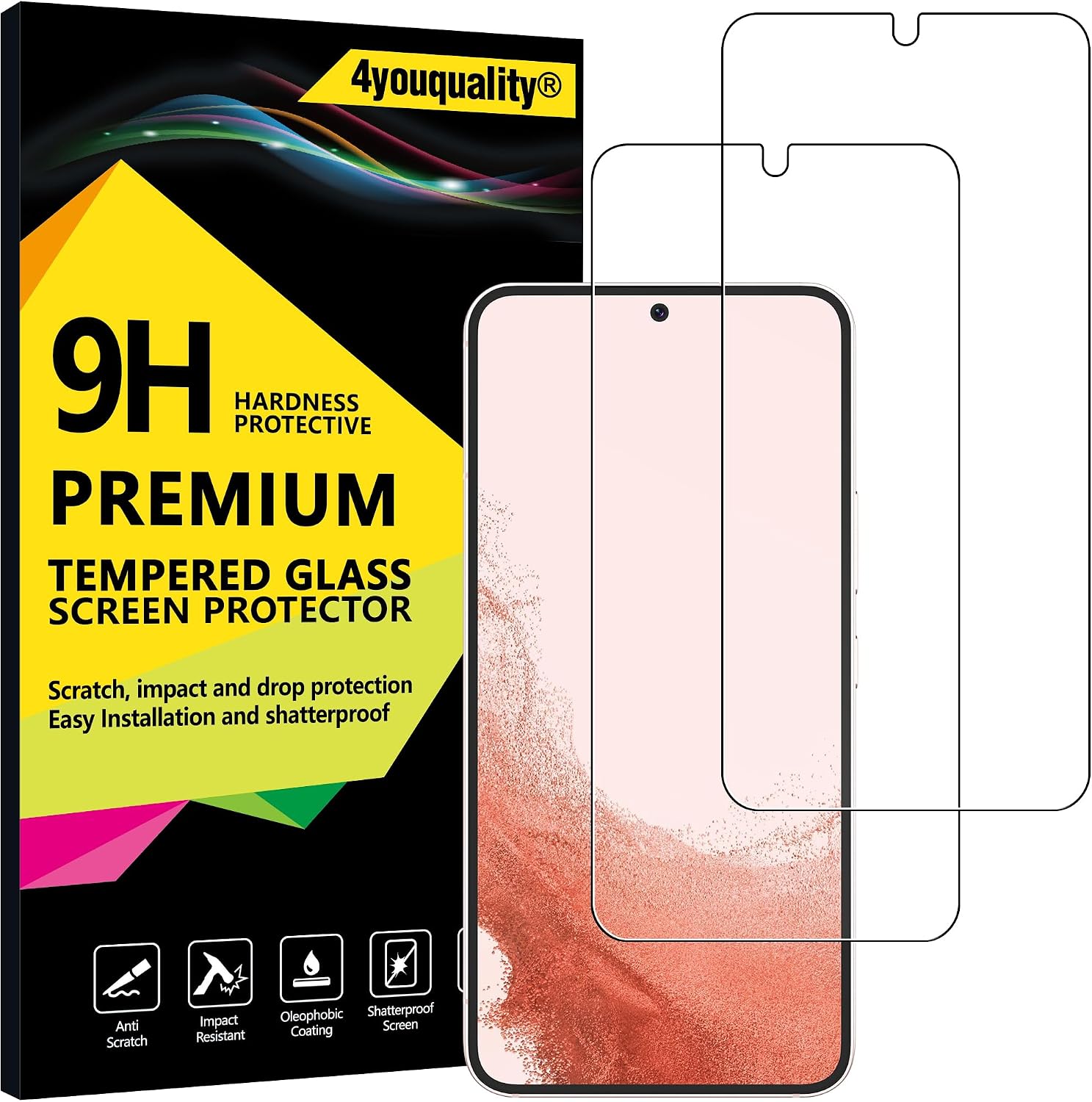 4youquality Screen Protector for Samsung Galaxy S22 5G, Tempered Glass Film, 2-Pack, [Lifetime][Impact-Resistant][Anti-Scratch]