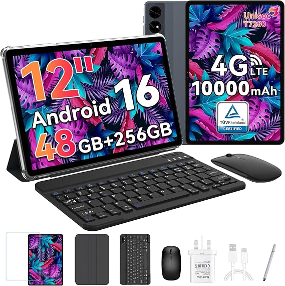 12 Inch Tablet, 2.5K(2400x1600)90Hz Android 16 Tablet Large Screen, For Gaming, Drawing And Painting, 48GB+256GB, 10000mAh/18W, 16+8MP, Octa Core T7280 Tablets with Keyboard,Mouse&Pen,