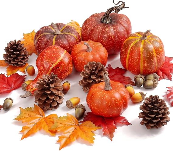 Briful Artificial Pumpkins Set Autumn Decoration, 47 PCS Halloween Pumpkin Bulk Natural Pinecones Silk Maple Leaves Artificial Fruits Mini Acorns for Home Garden Party Thanksgiving Decor