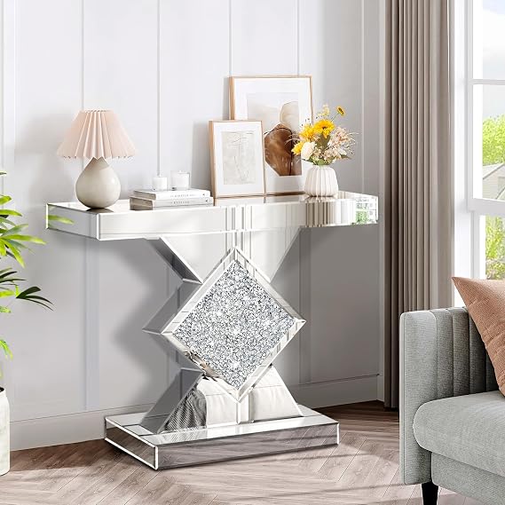 Silver Mirrored Console Table with Crushed Diamond lnlay, 32" Long Entryway Sofa Table, Shiny Narrow Table for Living Room, Hallway Foyer, Entrance
