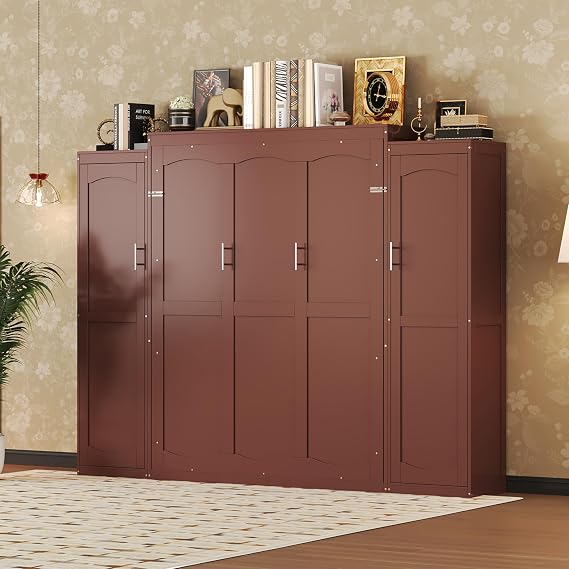 Full Size Murphy Cabinet Wall Bed with 2 Wardrobe Built-in Clothes Rail and 3-Layer Storage Shelves, Foldable Horizontal Platform Hidden Bed, Walnut