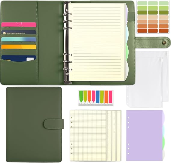 Mlife A5 Refillable Ring Binder, with 180 Sheets Refill Paper,A5 Notebook with Binder Pockets and Dividers,for Men and Women-Green