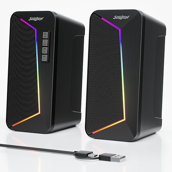 SOULION Altavoces para PC, alimentación USB-C/USB con control de volumen, iluminación LED, altavoces de escritorio con modo USB/Bluetooth para teléfonos, Tablet y monitores, 1 par