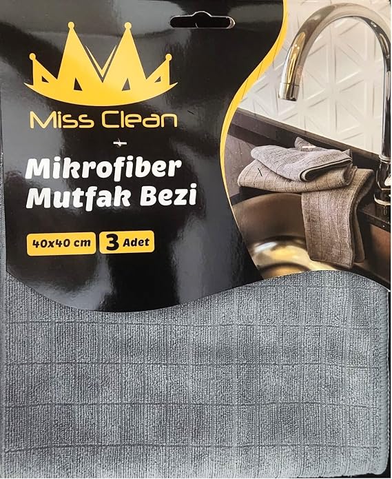 Miss Clean Mikrofiber Mutfak Temizlik Bezi 40 * 40 Cm Leke Tutmaz Koku Yapmaz 3 Adet gri