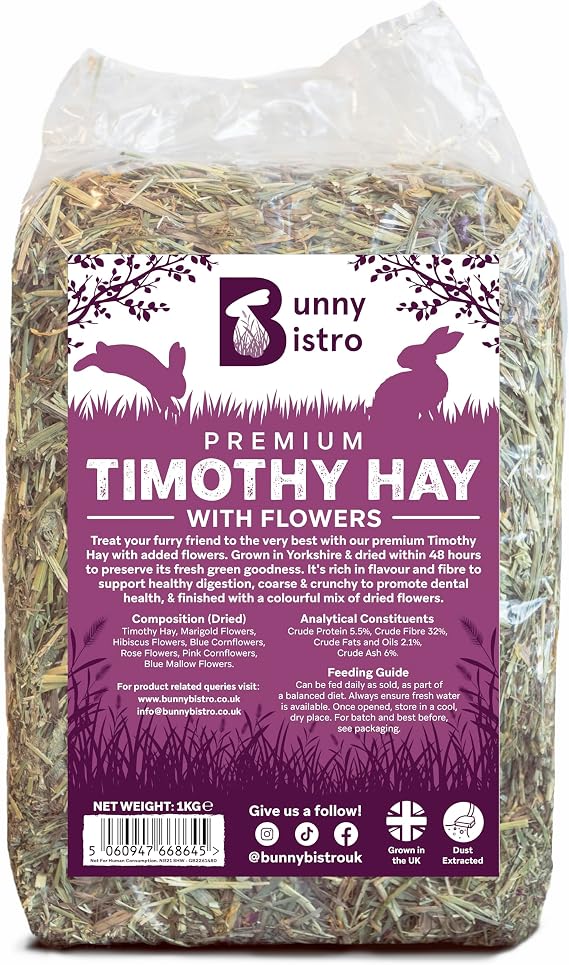 Bunny Bistro Premium Timothy Hay 1st Cut with Flowers 1kg | Natural UK Grown Hay for Rabbits, Guinea Pigs & Small Pets, High in Fibre, Dental Care, Dust Extracted, Grown in Yorkshire