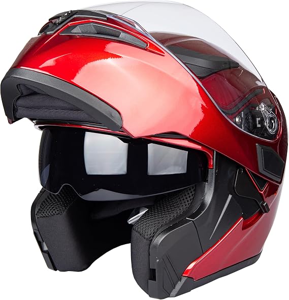 Flip-Up Motorcycle Helmet Dual Visor Sun Shield Flip up Modular Motocross DOT Approved Helmets (Large, Red)