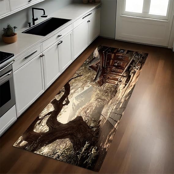 Non-Slip Kitchen Rug Runner 50x80 cm Park Loft Machine-Washable Polyester Japanese Architecture Rubber-Backed Floor Mat for Multiple Uses